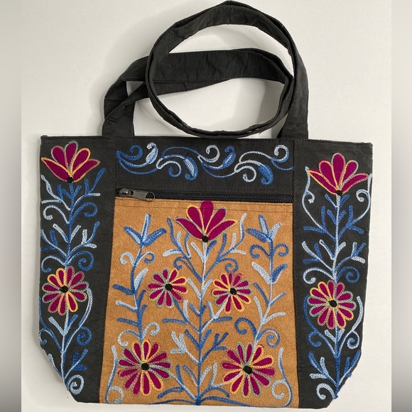 Black with Flower Embroidery Bag Tote Purse Suede Leather Purse - Picture 2 of 9